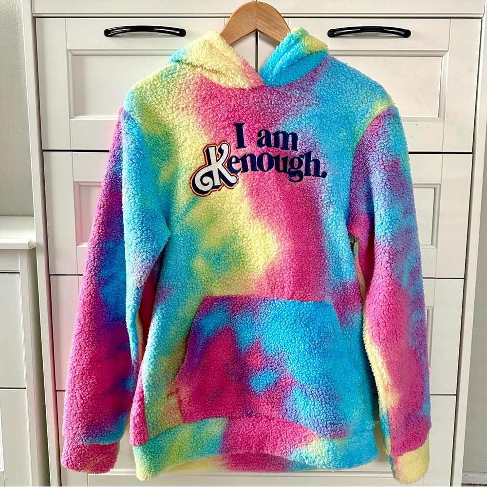 Barbie The Movie Official I Am Kenough Unisex Rainbow Tie Dye Faux Sherpa Hoodie